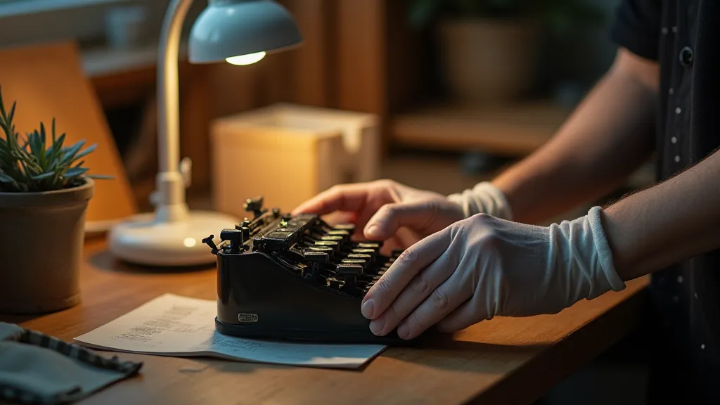 Person handling a typewriter ribbon with gloves